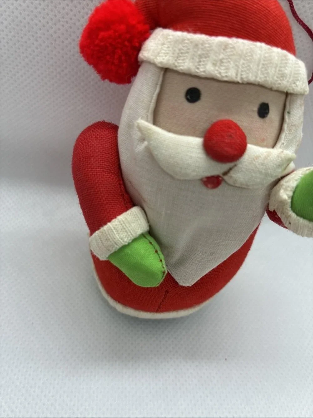 Vintage Handmade Cloth Santa Christmas Ornament Red Green Hanging Decor Rustic
